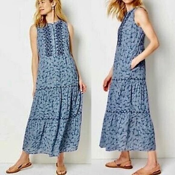 J. Jill Sleeveless Embroidered Tiered Maxi Dress in Palm Leaf Print - Picture 1 of 5